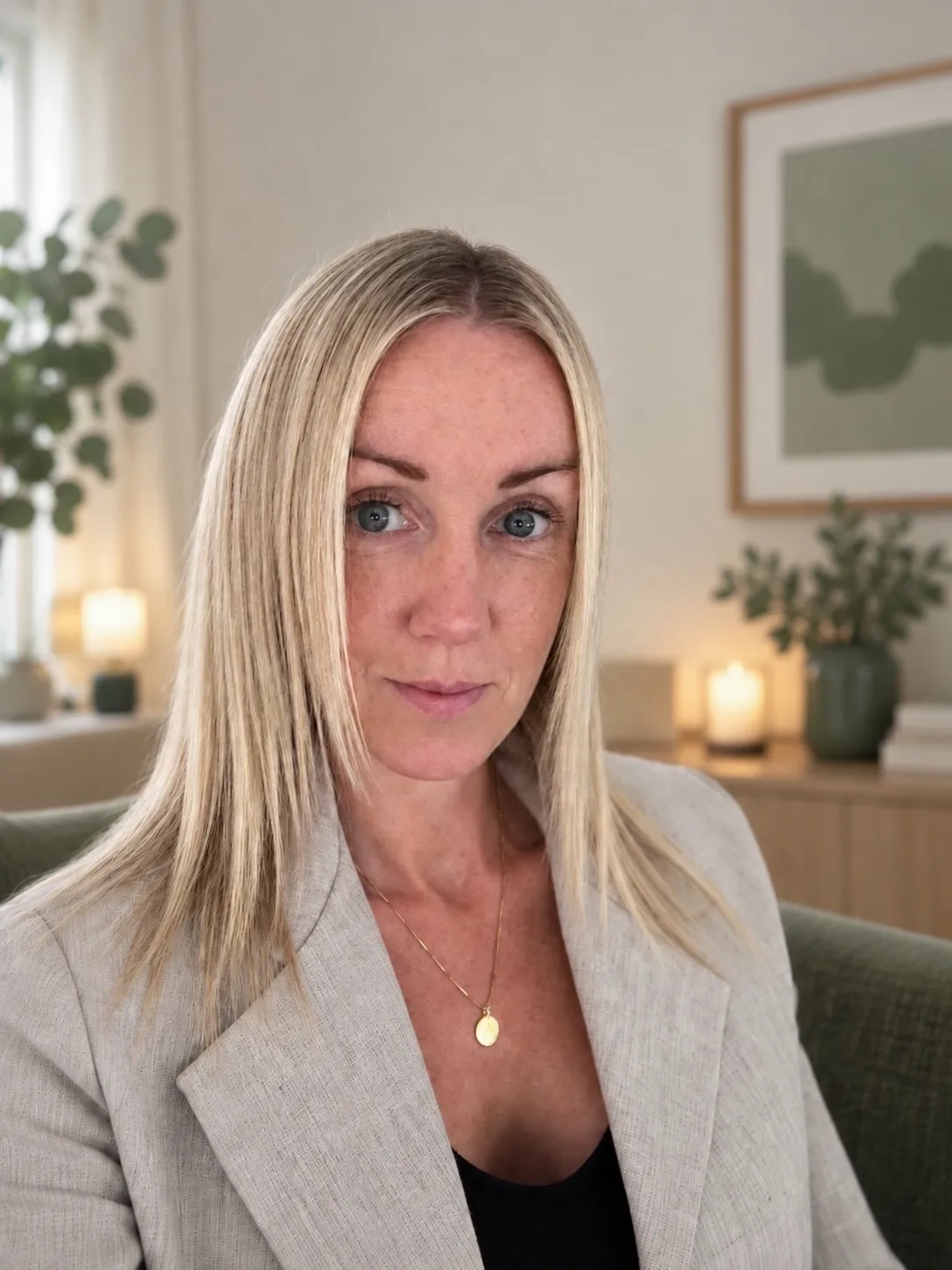 Gabriella Sture, socionom och kurator, i beige linnekavaj. Hon ser in i kameran i ett ljust rum med en tavla, krukväxter och tända ljus i bakgrunden.