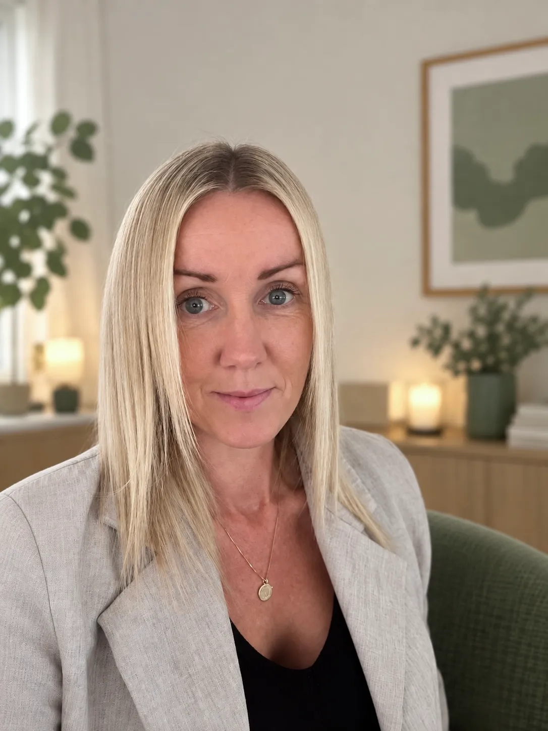 Gabriella Sture, socionom, i beige linnekavaj och svart topp. Hon ser in i kameran i ett ljust rum med krukväxter och tända ljus.